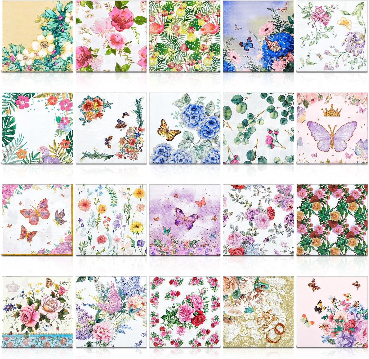 Crtiin 20 Pack Assorted Floral Napkins for Decoupage Toilet Napkins Flower Cocktail Decorative Paper for Birthday Party Beautiful Gorgeous, 20 Styles Each 6.5 inches(Style 1)