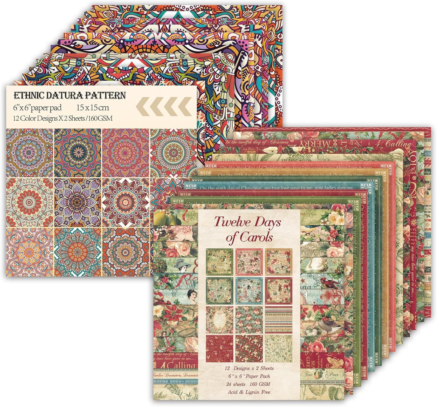 48 Sheets 24 Designs Scrapbook Paper Pad, 6"×6" Single-Sided Decopodge Craft Cardstock Paper,Scrapbooking DIY Decorative Background Cardmaking Supplies.Carols&Datura