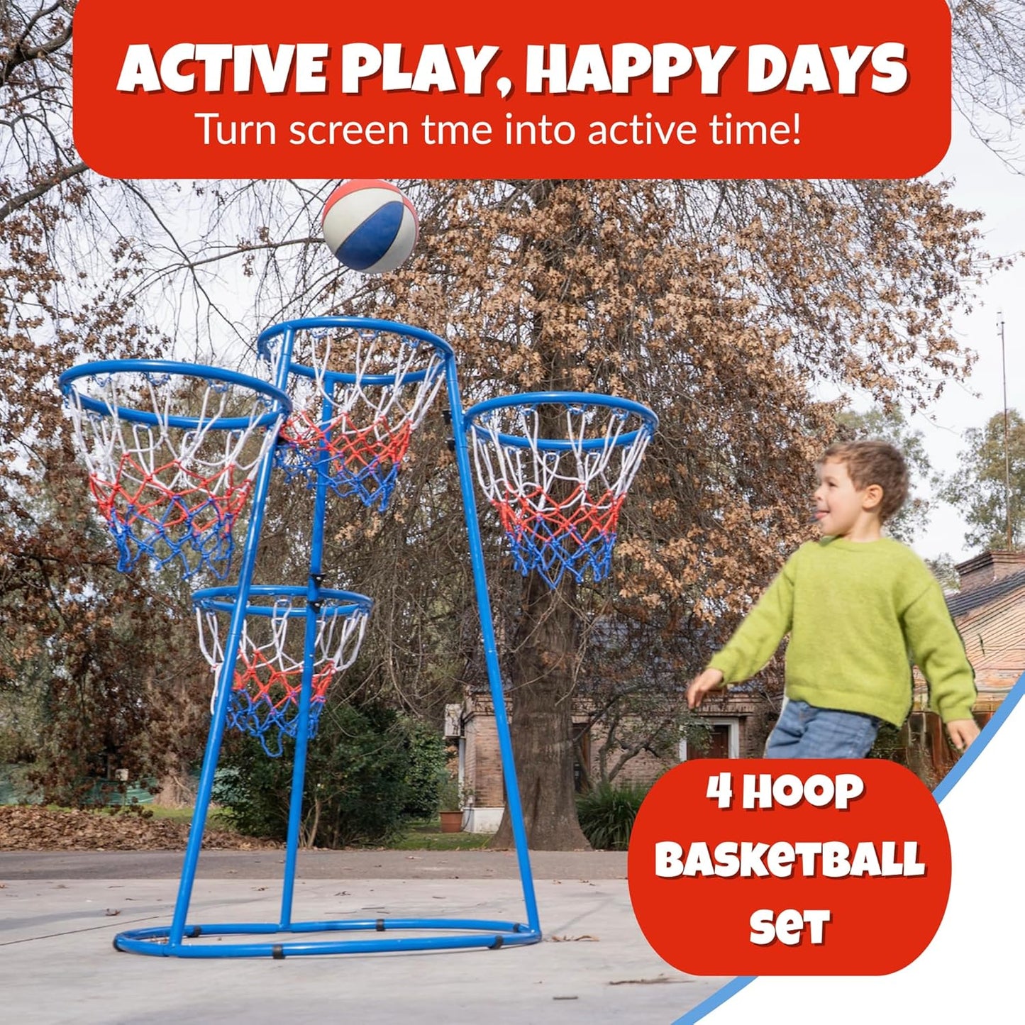 Activejoy- 4 Hoop Basketball Set - Toddler Basketball Hoop Indoor - Outdoor Play Preschool - +3 Years Old Toy. Includes 2 Balls and air Pump