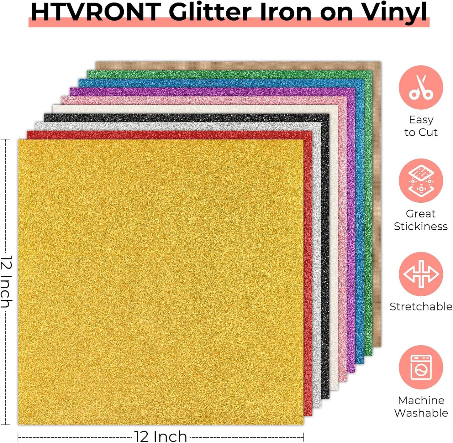 HTVRONT Glitter HTV Heat Transfer Vinyl Bundle: 10 Pack 12"x12" Iron on Vinyl for T-Shirt (1 PTFE Sheet Included), PU HTV Easy to Cut & Weed for Heat Design