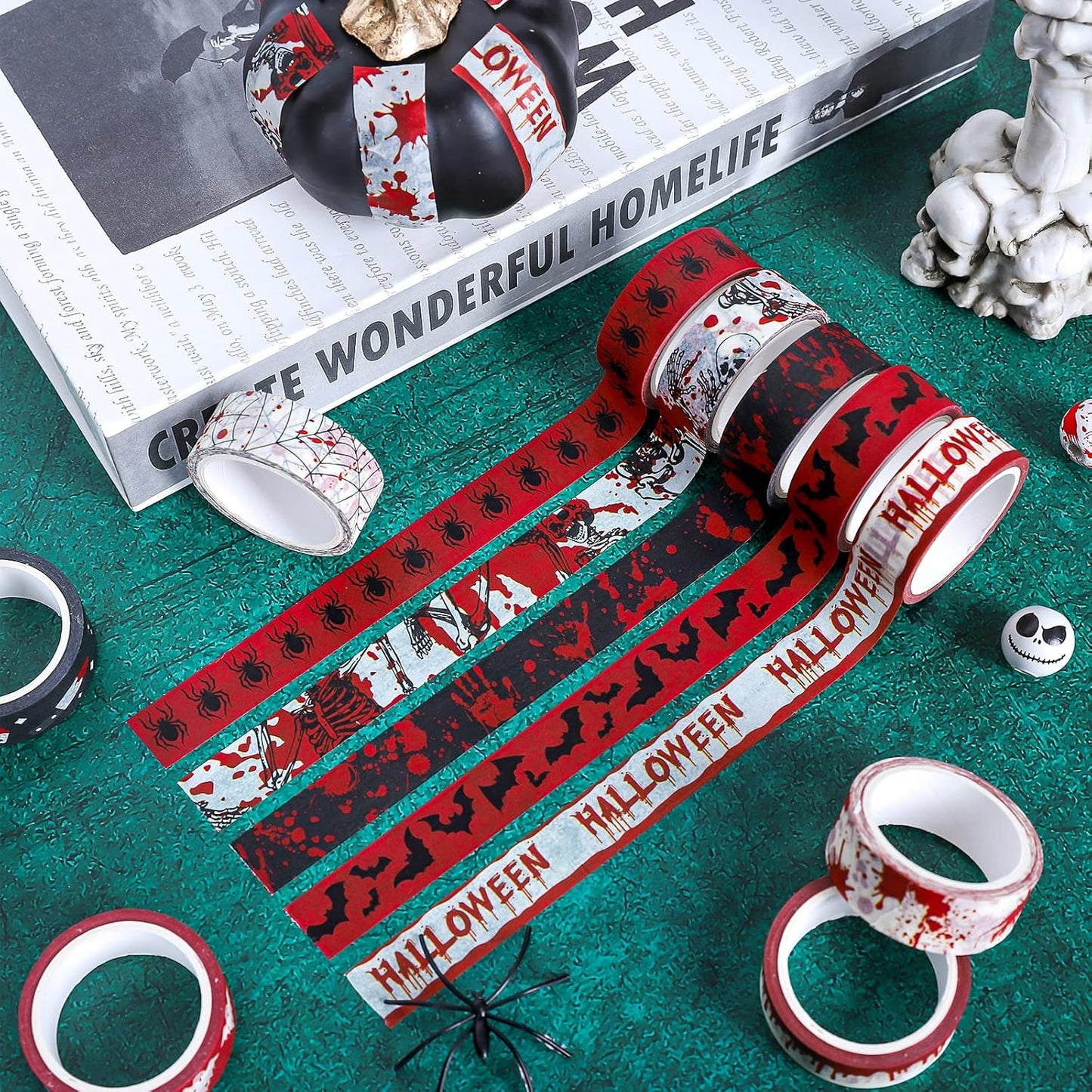 Whaline 12 Rolls Halloween Bloody Washi Tapes Blood Spatter Spooky Bloodstain Skull Ghost Masking Tapes 15mm Scary Bloody Washi Tape Set for Scrapbook Journal DIY Craft Gift Wrapping, 16.4Ft