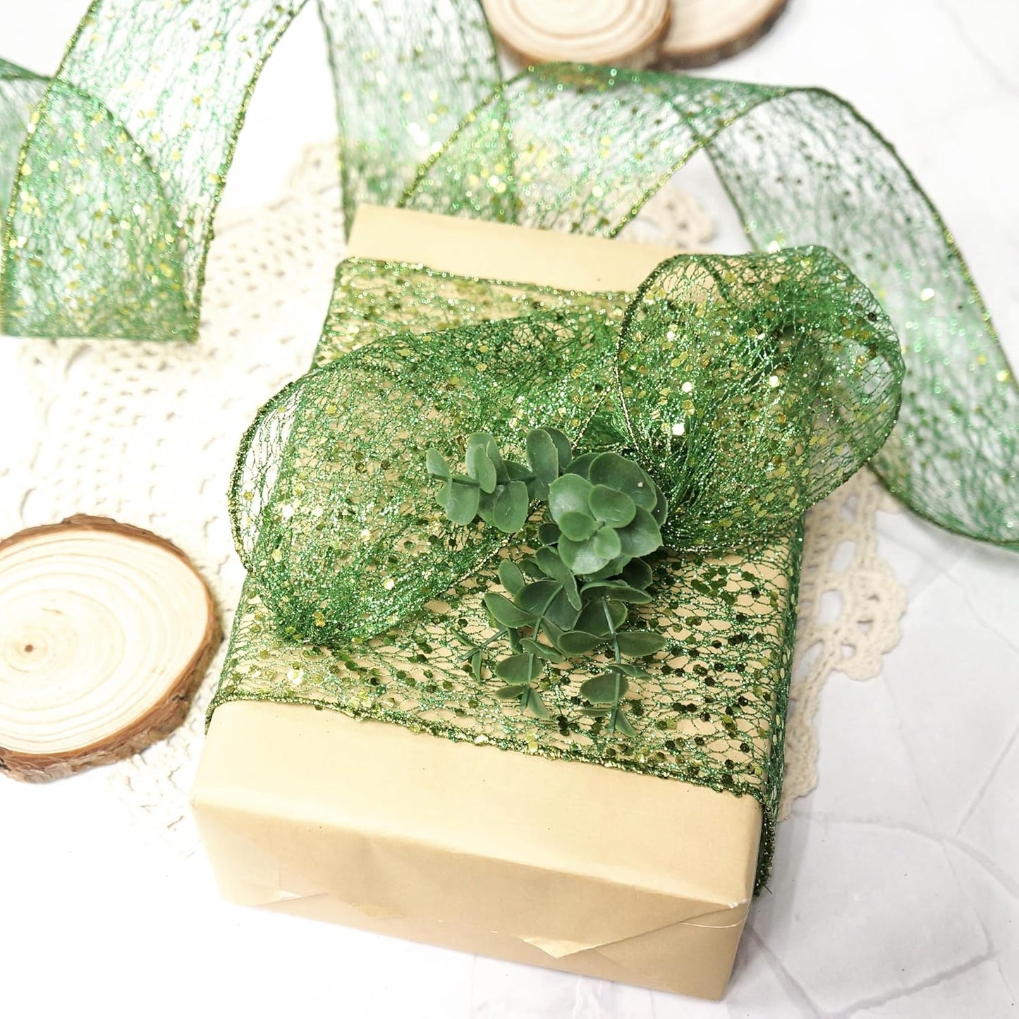 CT CRAFT LLC Sparkling Glitter Mesh Wired Ribbon 2.5" x 10 Yards Green for Christmas Home Decor Bow Gift Wrapping DIY Crafts Wreath