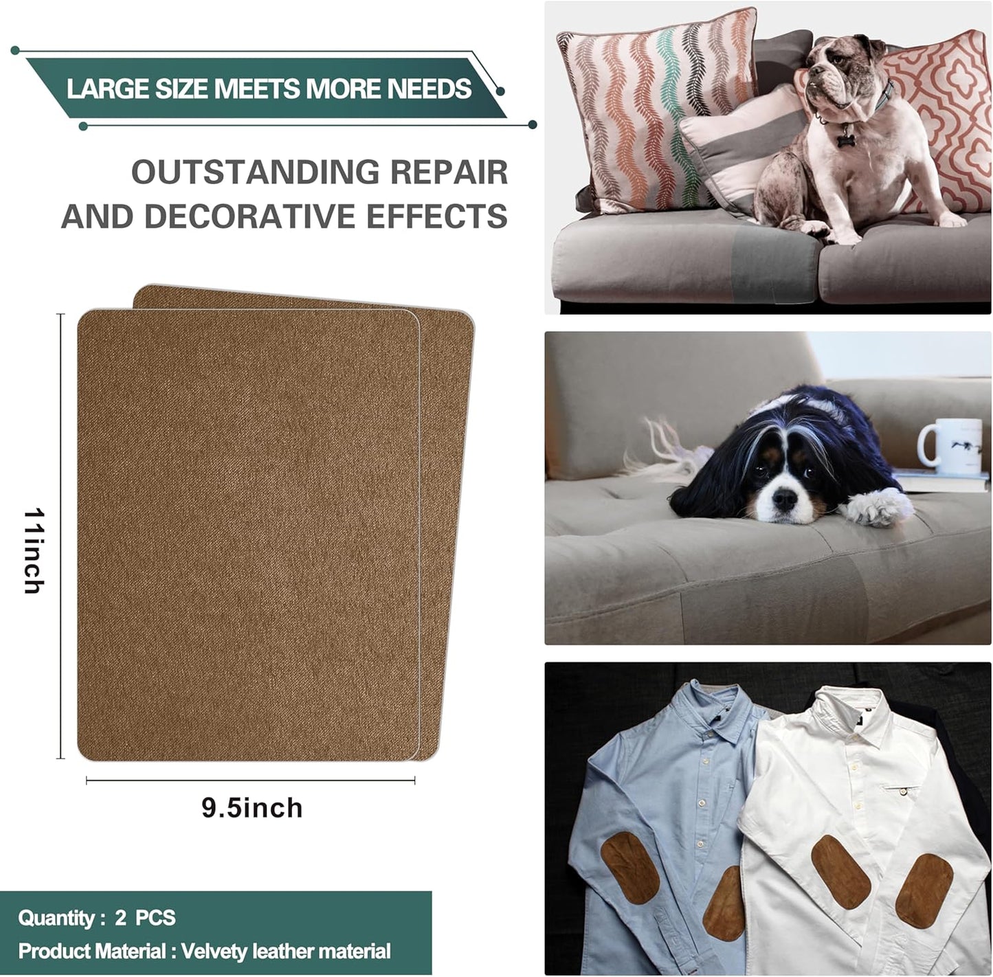 Azobur Couch Patch Repair Fabric,Microfiber Fabric, Self-Adhesive, for Sofa Repair and Upholstery, 2 Pieces, 9.5 x 11 inches (Brown)