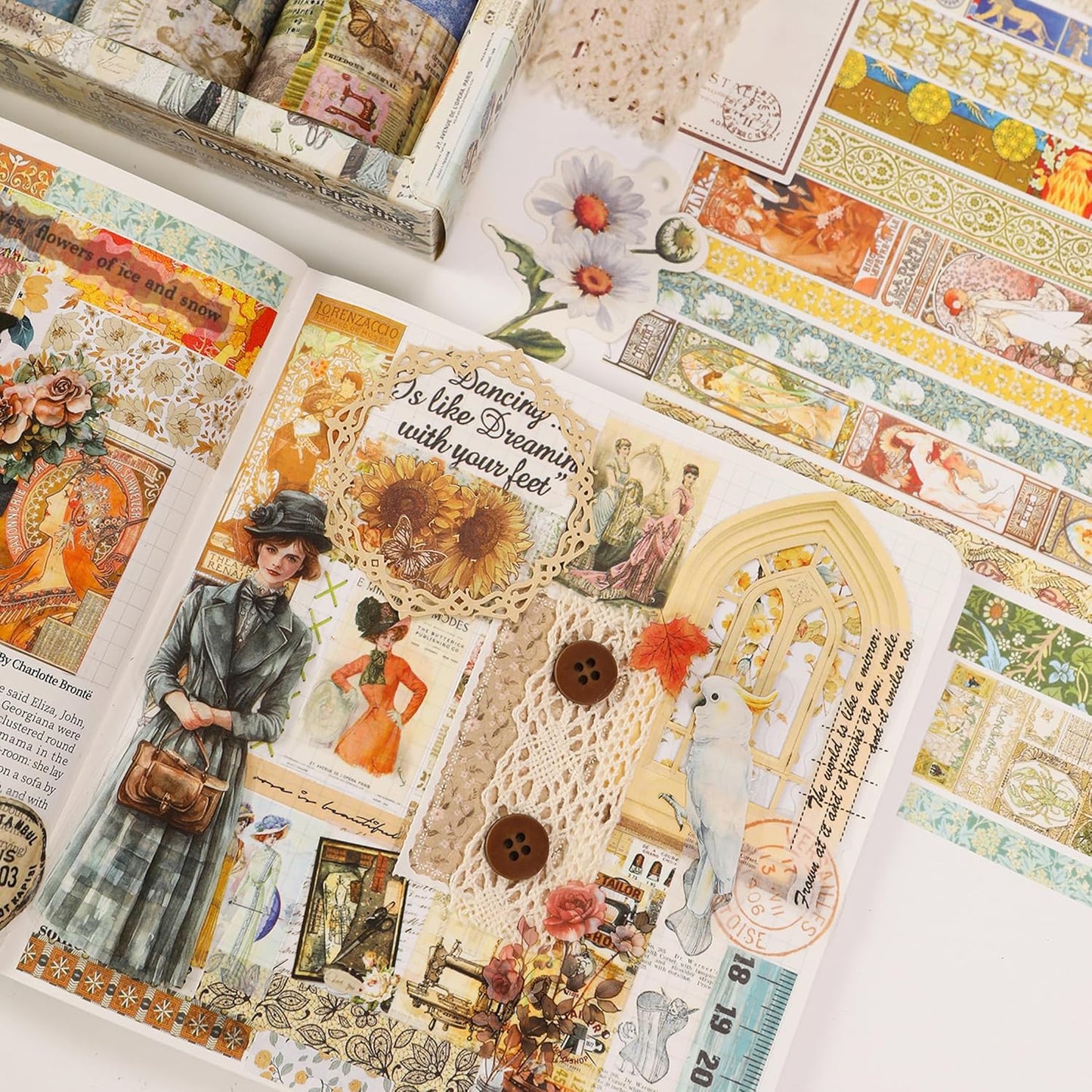 Vintage Washi Tape Set - 24 Rolls Arts Adhesive Tapes Assorted Retro Decorative Masking Tape Sets for Craft, Kids, Scrapbook, DIY, Gift Wrapping (9-Monochrome Mood)