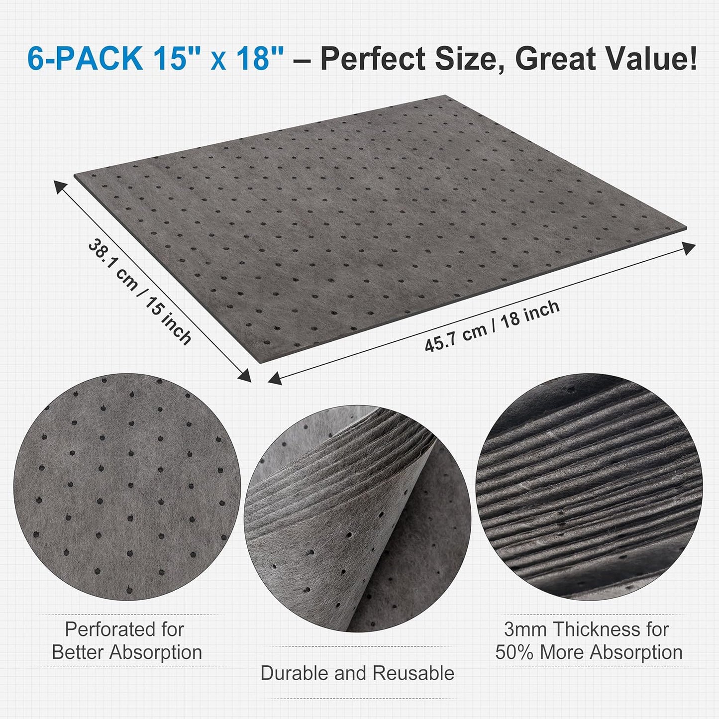 AAwipes Oil Absorbent Pads Mat Pre-Grade Universal Pads Absorbs All Liquids 3MM Thicker More Absorption for Garage, Car, Truck, Motorcycle - Grey 6 Pack 15" X 18" OG1518-6S