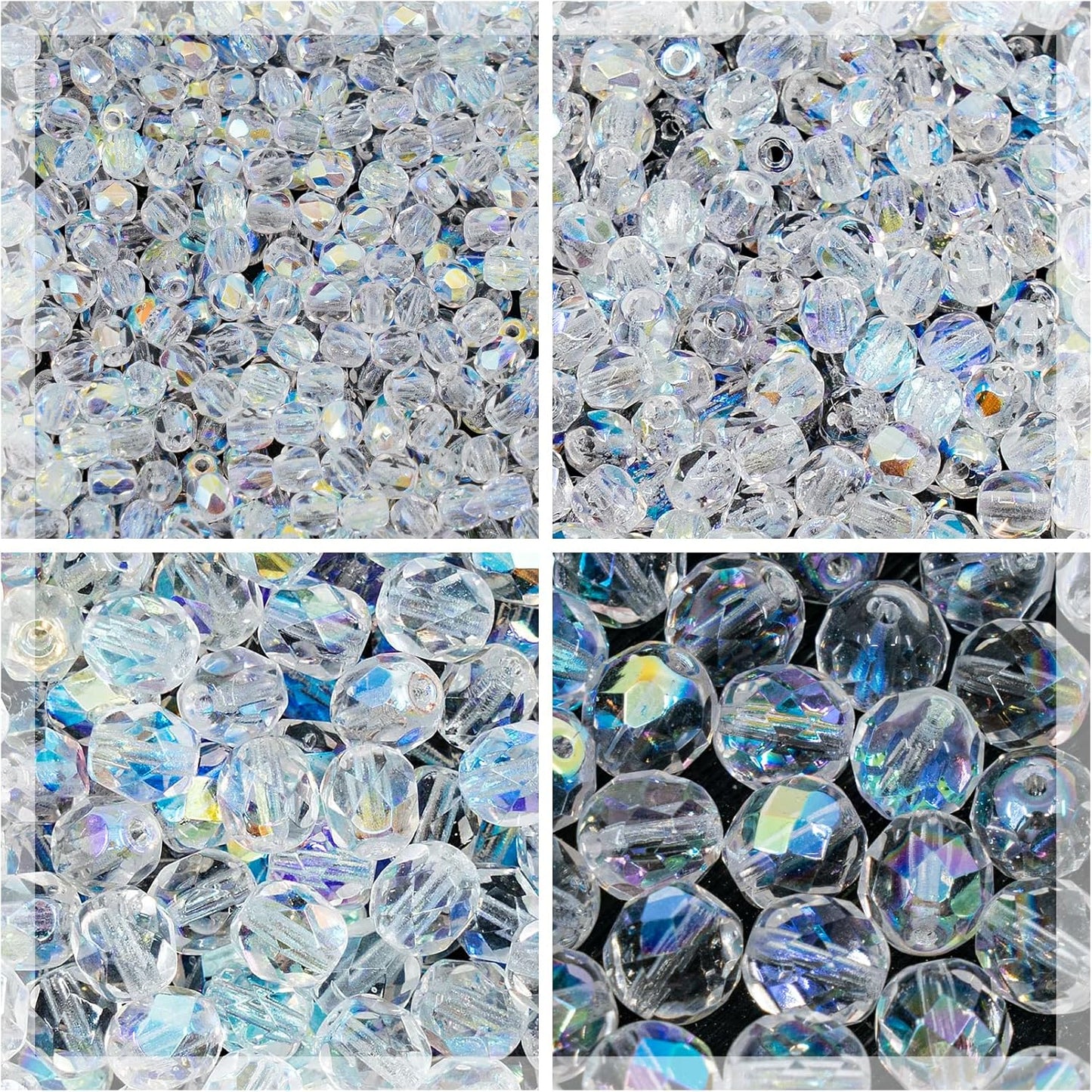 275 pcs Set of Czech Faceted Glass Beads, Fire-Polished Round Crystal AB - 3mm (100pcs), 4mm (100pcs), 6mm (50pcs), 8mm (25pcs) kit for Jewelry Making