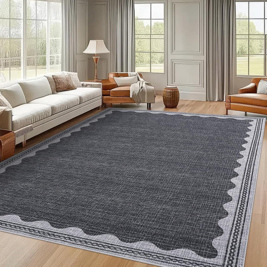 Scalloped Washable Rug 8x10 Area Rugs for Living Room, Solid Grey Rug for Bedroom Girls, Non Slip Throw Carpet with Rubber Back, Soft Dorm Nursery 8x10 Rugs for Dining Room