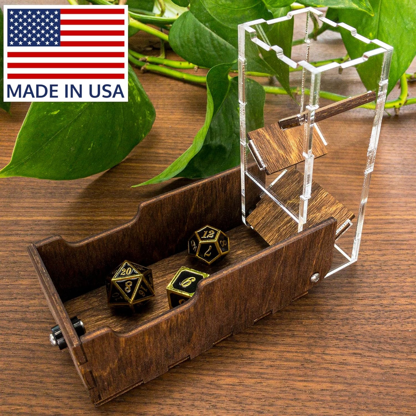 C4Labs Micro Travel Portable Dice Tower and Dice Vault | Fits Standard Seven Set of Dice (Walnut)