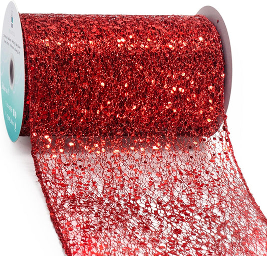 CT CRAFT LLC Sparkling Glitter Mesh Wired Ribbon 6" x 10 Yards Red for Christmas Home Decor Bow Gift Wrapping DIY Crafts Wreath