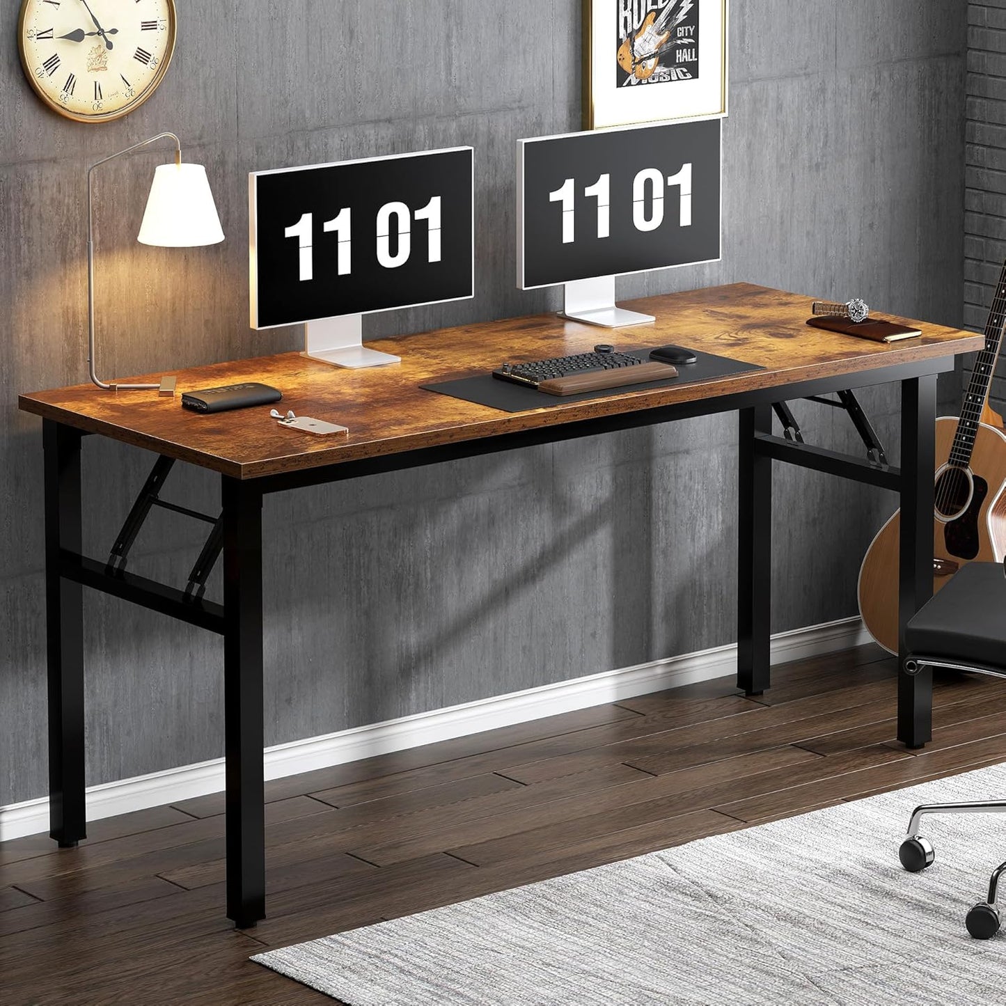 Need Folding Desk, 54 inch Large Computer Desk for Home Office, No Install Needed Study Student Writing Table Desk Workstation, Rustic Brown