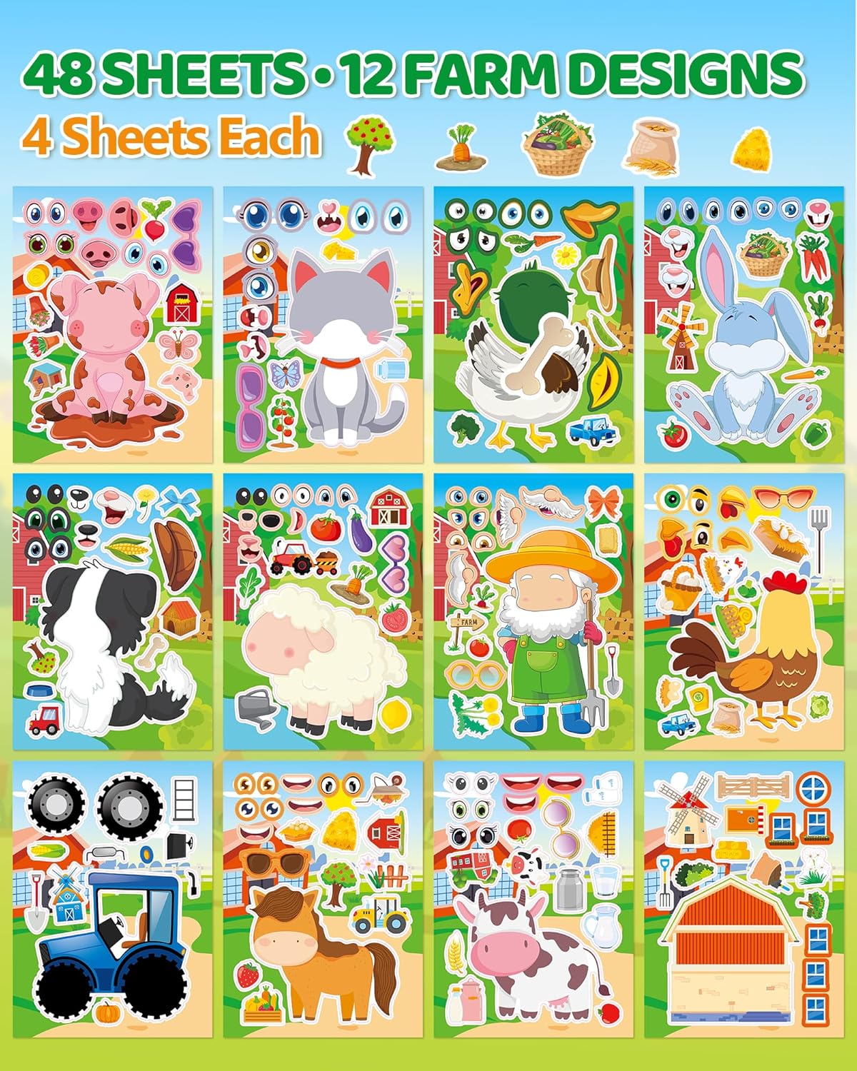 Aowplc 48 Sheets Farm Animal Make‑a‑Face Stickers for Kids & Toddlers – 12 Unique Mix‑and‑Match Designs – Farm Party Favors, Birthday Supplies, Activities & Crafts