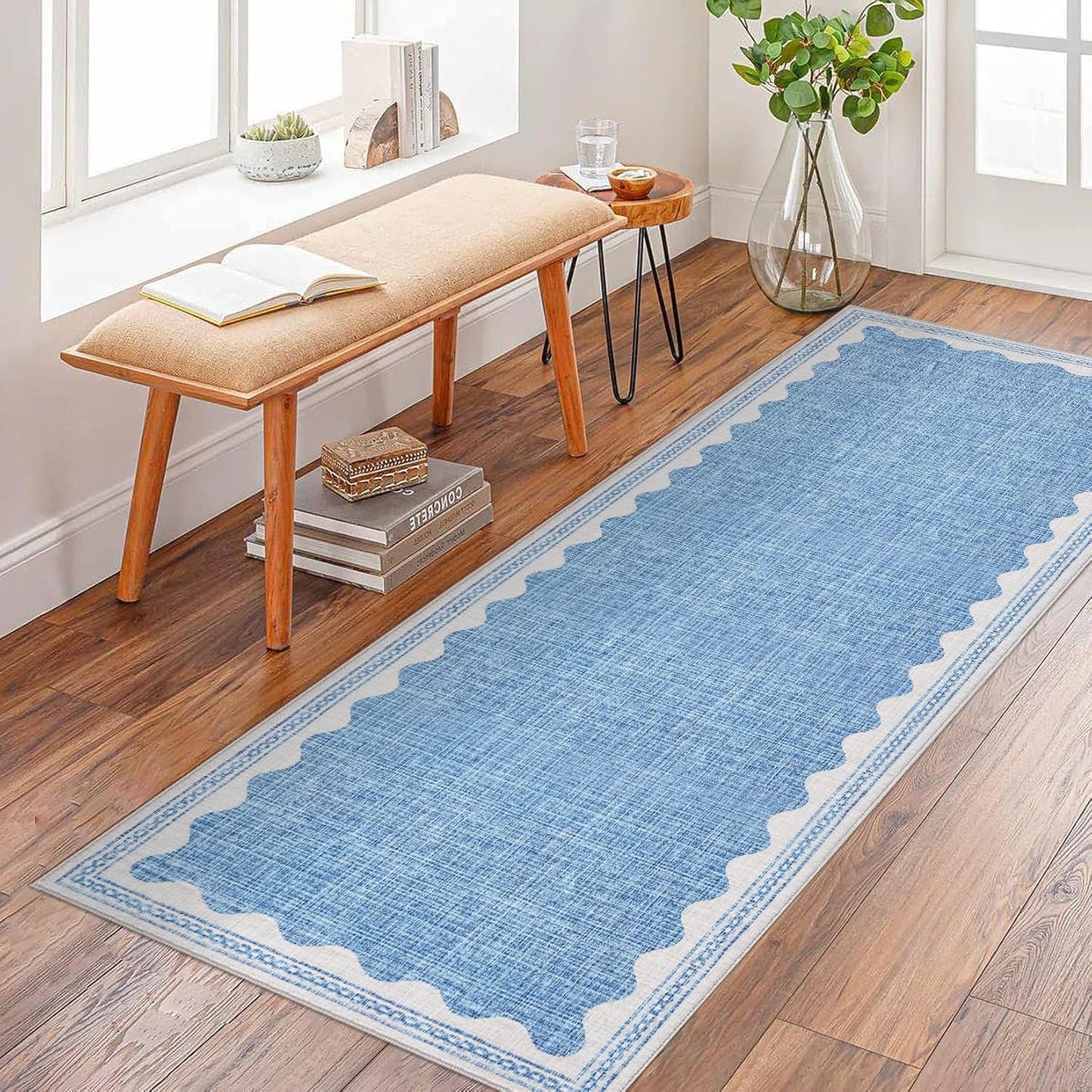 Scalloped Rug 2.5x8 Runners for Hallways, Solid Blue Runner Rugs Non Slip Scalloped Bath Runner, Washable Mat for Bedroom Girls, Rugs for Kitchen Floor Soft Dorm Nursery Carpet for Bedside