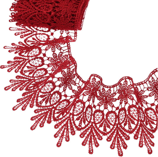 GXTIZAS Burgundy Lace Trim 5 Yards Wide Venise Lace Ribbon Embroidered Edge Trim for Sewing Crafts Pillow Case