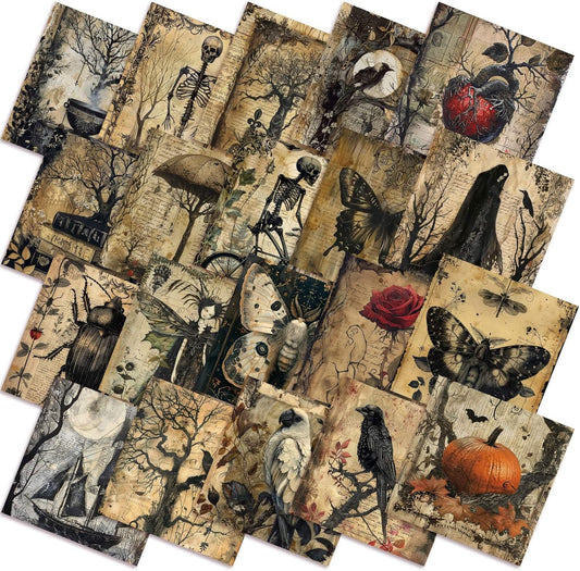 Ganeen 60 Pcs 10 x 10 Inch Vintage Halloween Quilting Fabric Squares Retro Halloween Fat Patchwork Precut Strips Rustic Crow Skull Fabric Bundles for Holiday DIY Craft Sewing Quilt Material Handmade