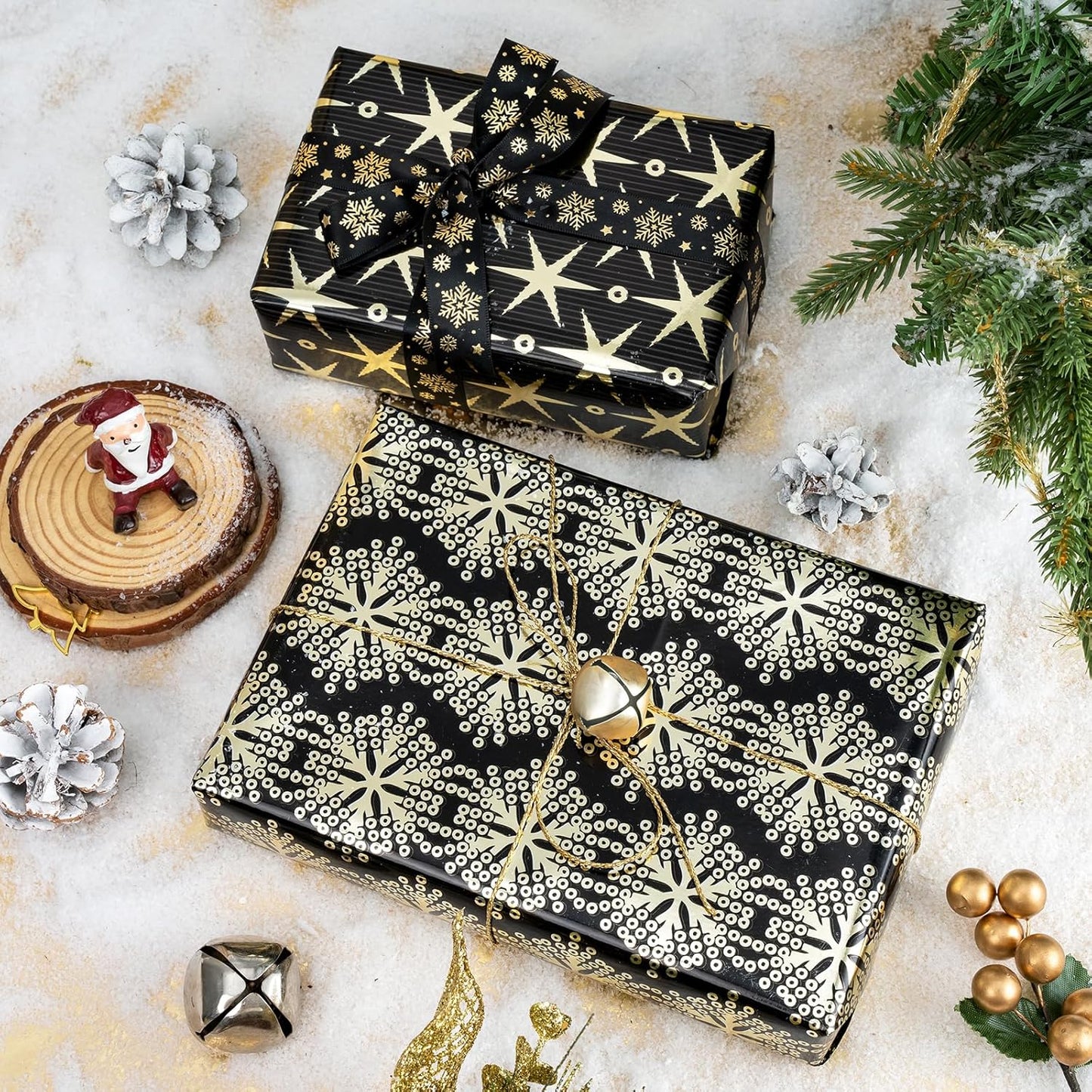 WRAPAHOLIC 30 Inch Christmas Wrapping Paper Roll - Jumbo Roll Black Gold Christmas Sleigh Holiday Design with Metallic Foil Shine - 4 Rolls - 30 Inch x 120 Inch Per Roll