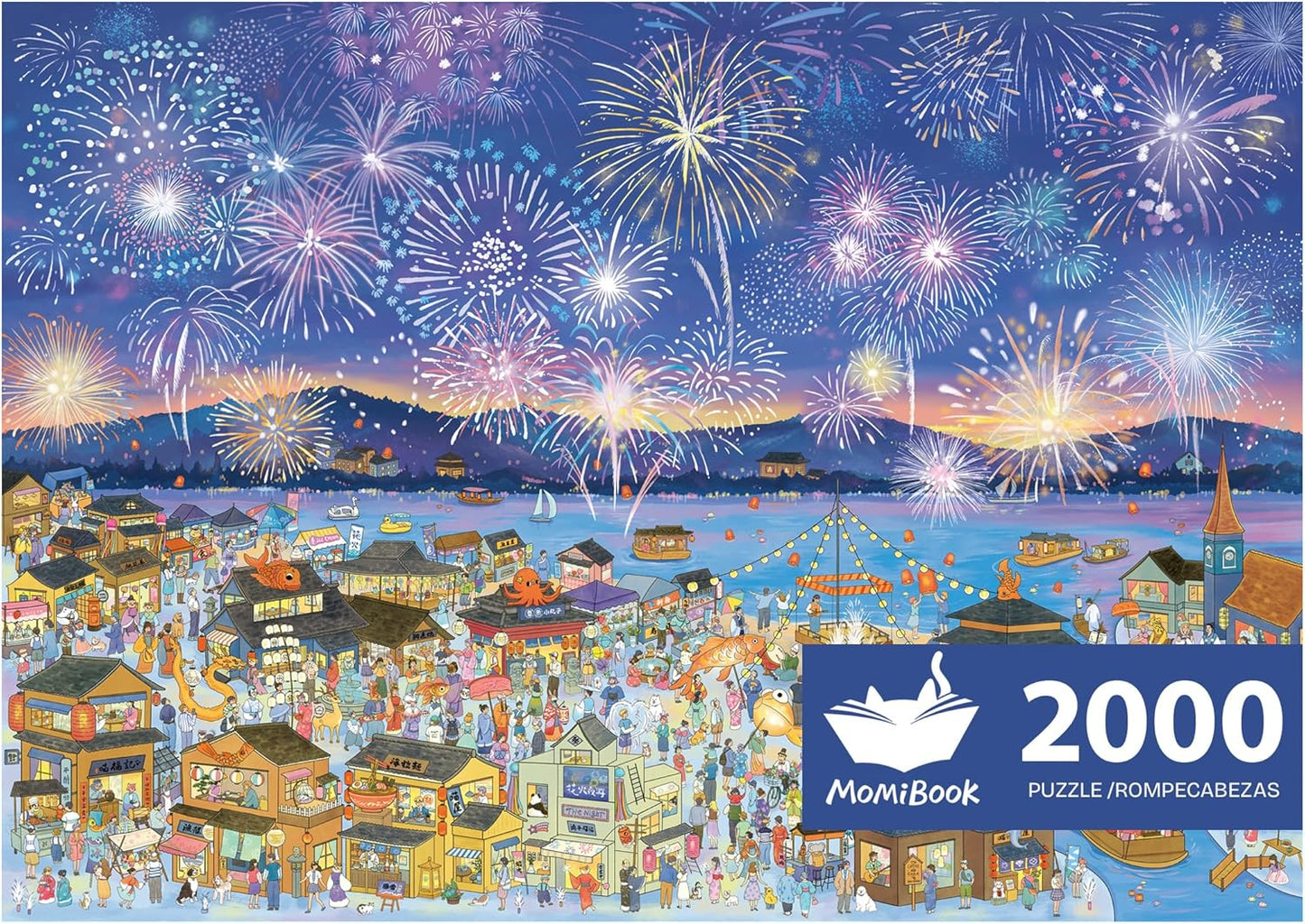MOMIBOOK Puzzles for Adults 2000 Pieces Jigsaw Puzzles of Fireworks Night Tour, Colorful Powder Painting Image Chinese Twon Challenging Hard Impossible Puzzle Unique Party Christmas Birthday Gifts