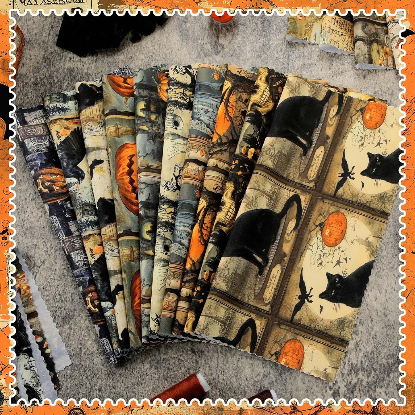 Ganeen 60 Pcs 10 x 10 Inch Vintage Halloween Quilting Fabric Squares Spooky Gothic Fabric Bundle Pumpkin Skull Black Cat Fat Patchwork Precut Stripe for Holiday Handmade Material Sewing DIY Craft