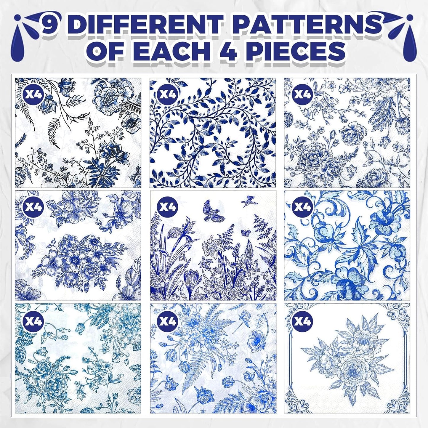 Crtiin 36 Pack 9 Styles Decoupage Napkins Assorted Floral Decorative Decoupage Napkins Chinoiserie Cocktail Paper for DIY Crafting Birthday Party, Each Unfolded 13 Inch(Blue Floral)