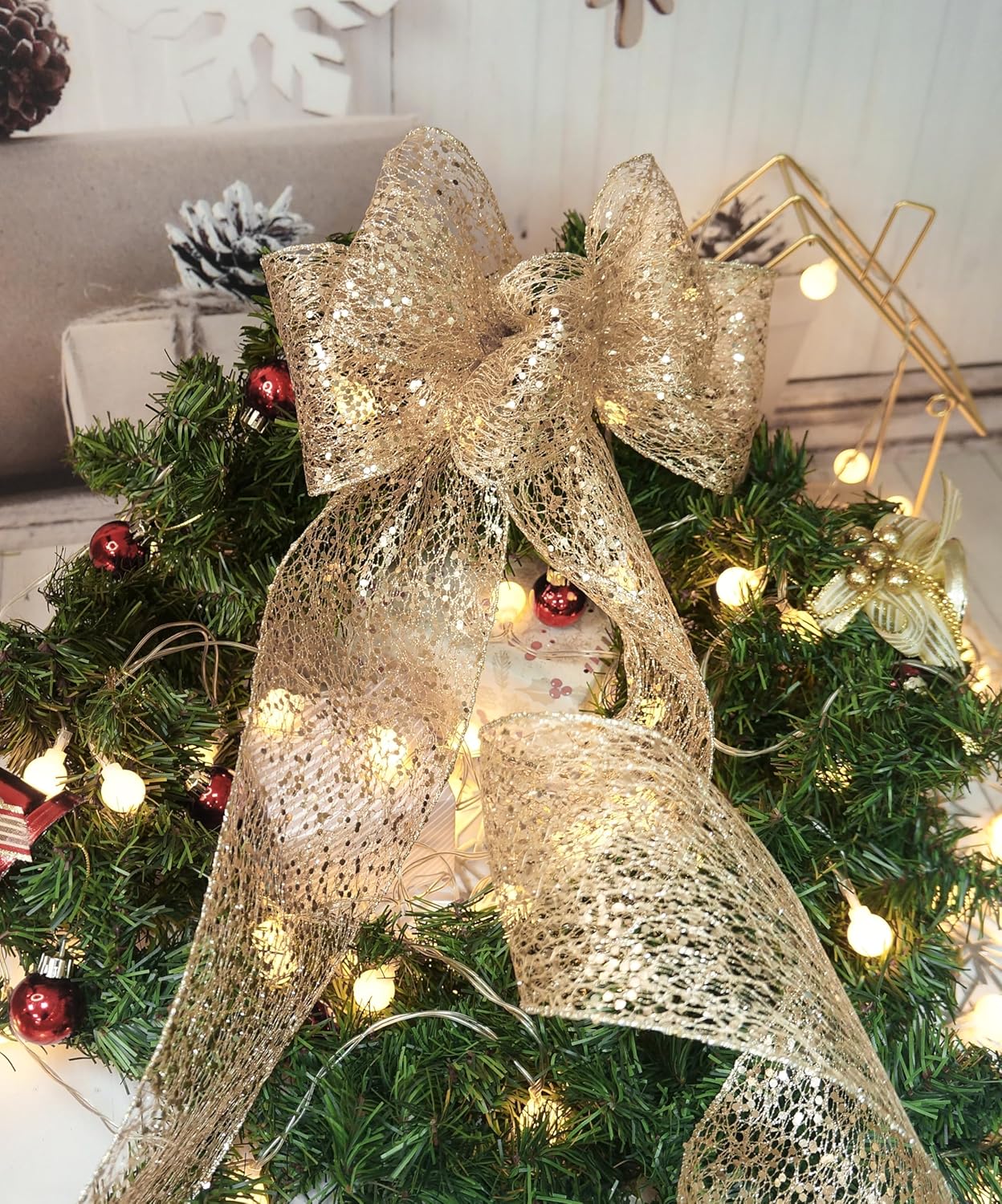 CT CRAFT LLC Sparkling Glitter Mesh Wired Ribbon 4" x 10 Yards Champagne Gold for Christmas Home Decor Bow Gift Wrapping DIY Crafts Wreath