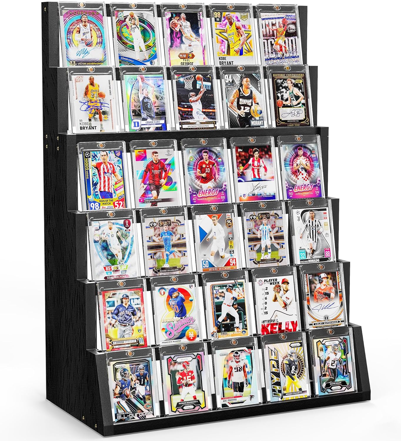 Emfogo Card Display Stand, 6-Tier Trading Card Display, Wood Detachable Graded Card Display with Top Storage, High Capacity Trading Card Display Stand for Collection & Show (Black)