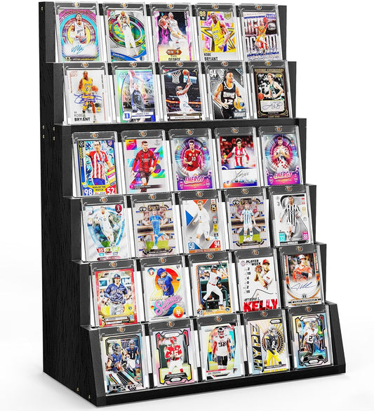 Emfogo Card Display Stand, 6-Tier Trading Card Display, Wood Detachable Graded Card Display with Top Storage, High Capacity Trading Card Display Stand for Collection & Show (Black)