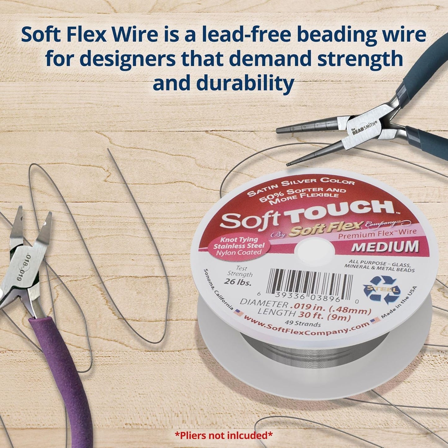 Soft Flex 49 Strand Stringing Wire - Flexible Braided - Medium 0.19 Diameter - Jewelry Making Bead Wire - Satin Silver