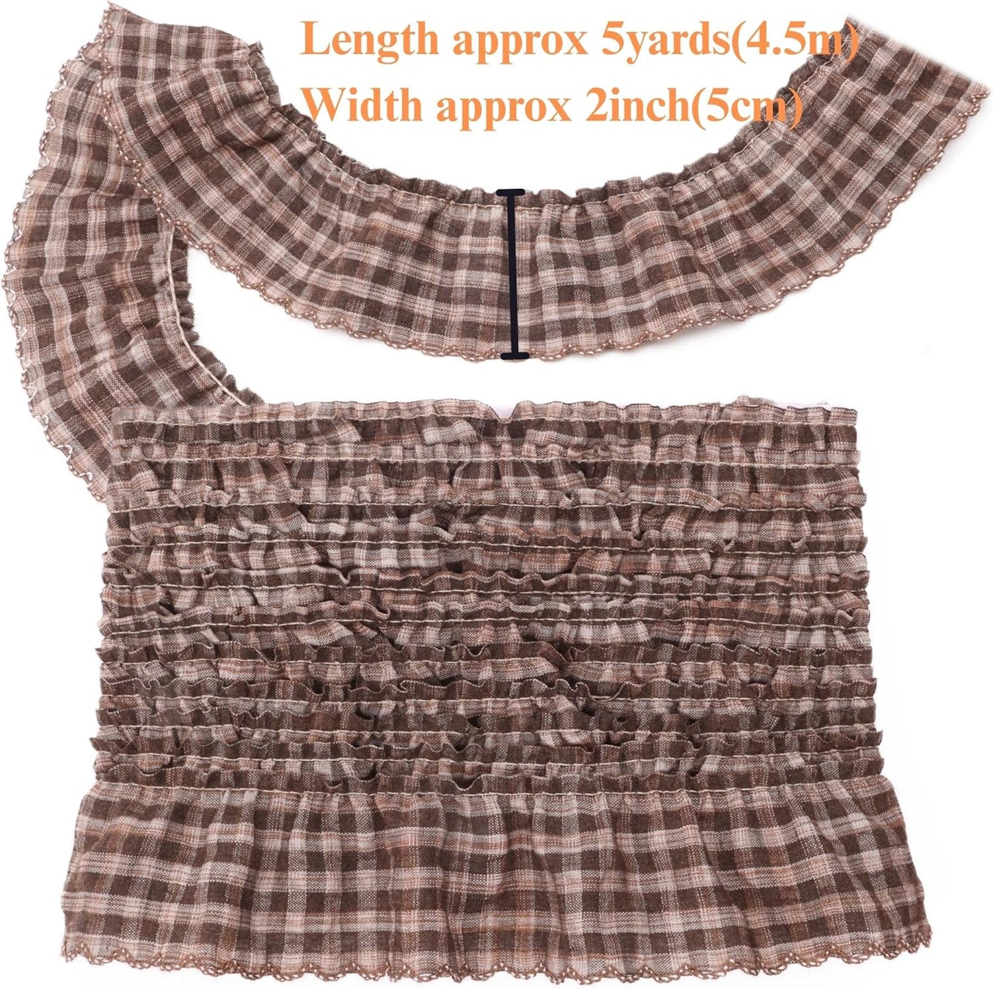 Gingham Ruffle Lace Trim Pleated Lace 5 Yards Gathered Gingham Fabric Edge Ribbon Trim for Dresses, Wedding Gowns, Crafts, Home Decor (Brown)