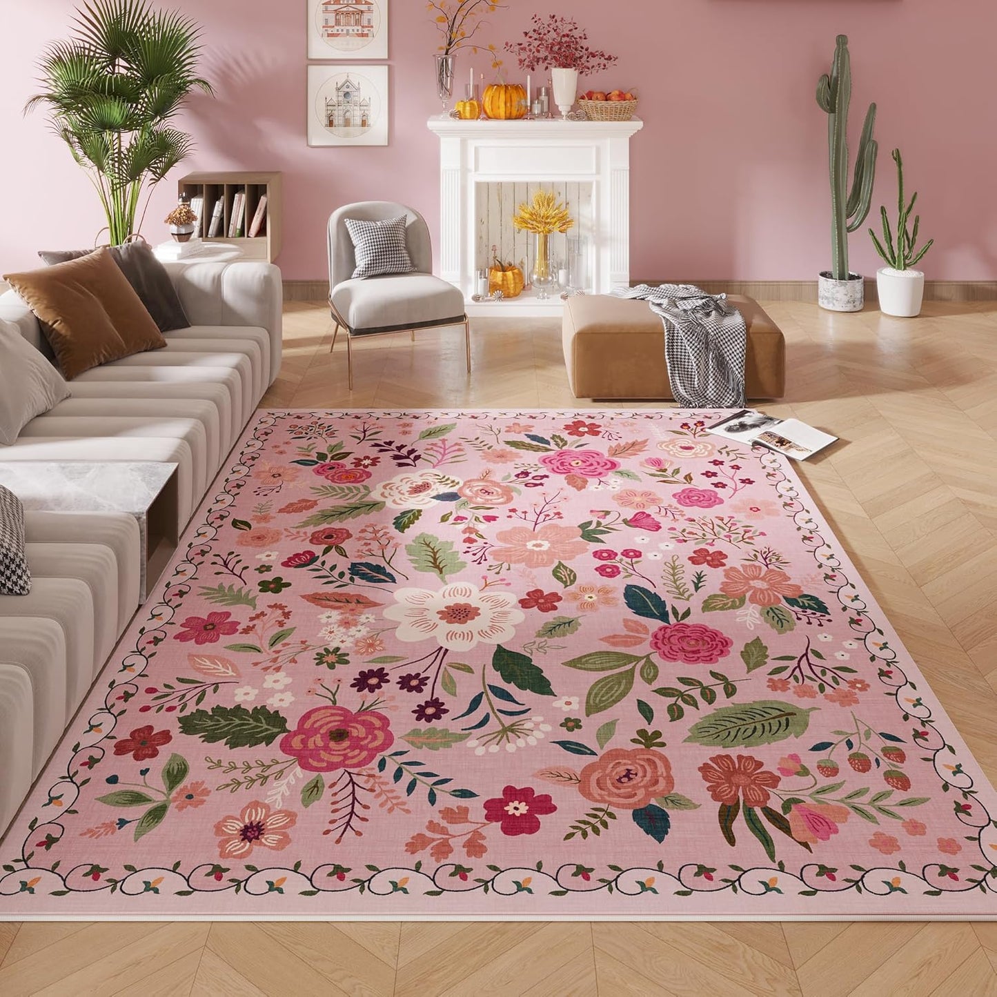 Rugcomf Living Room Rug 6x9 Machine Washable Boho Area Rug Non Slip Floral Vintage Low Pile Large Carpet for Bedroom, Farmhouse, Dining Room, Kids Playroom(Pink)