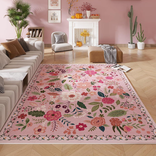 Rugcomf Living Room Rug 6x9 Machine Washable Boho Area Rug Non Slip Floral Vintage Low Pile Large Carpet for Bedroom, Farmhouse, Dining Room, Kids Playroom(Pink)