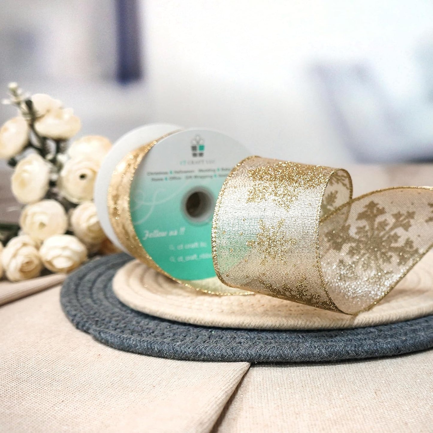 CT CRAFT LLC Champagne Gold Metallic Fabric with Gold Snowflake Wired Ribbon 2.5 Inch x 10 Yards for Christmas Home Decor Tree Topper Bow Gift Wrapping DIY Crafts Wreath Garland