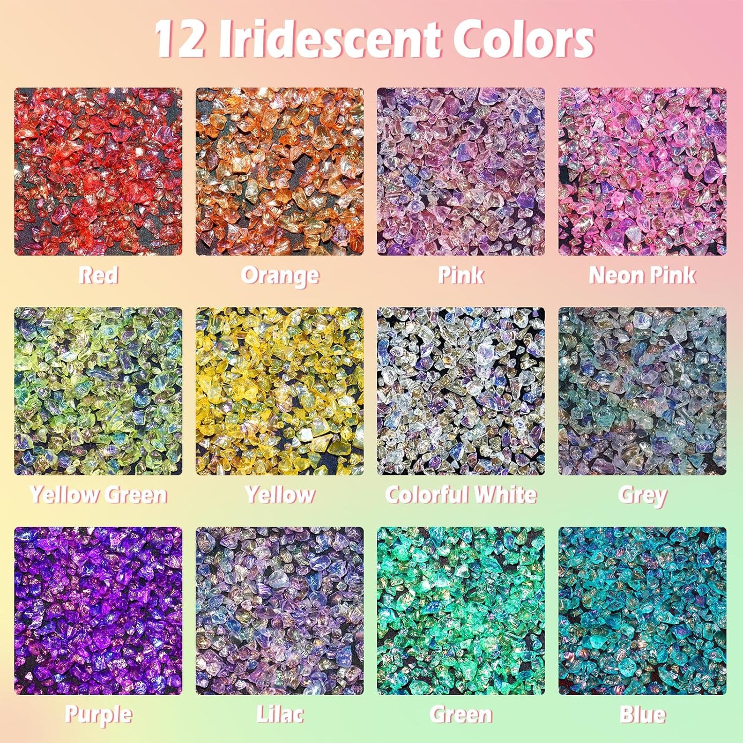 Matio 12 Colors Iridescent Crushed Glass, Irregular Chunky Glitter, Sprinkle Chips for Resin Epoxy Jewelry DIY, Shattered Glass Crystal Flakes Sequins for Nail Art Makeup Decoration Vase Filler