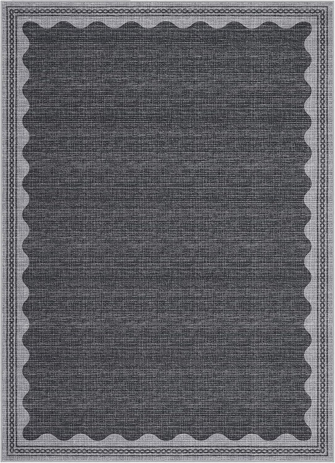 Scalloped Washable Rug 5x7 Area Rugs for Living Room, Solid Grey Rug for Bedroom Girls, Non Slip Scalloped Throw Mat with Rubber Back, Soft Dorm Nursery Low Pile Carpet for Dining Room