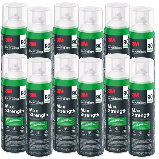 3M Max Strength 90 Contact Adhesive Spray, 12.6 oz (Pack of 12) – Low VOC Heavy Duty Glue with Adjustable Nozzle, Heat & Water Resistant Bond for Metal, Wood, Plastic, Laminate, Concrete