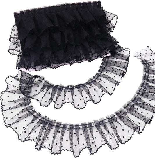 Dots Lace Ruffle Trim for Sew, Crafts 2.4" x5yd Single Layer Pleated Edge Lace Ribbon (Black)