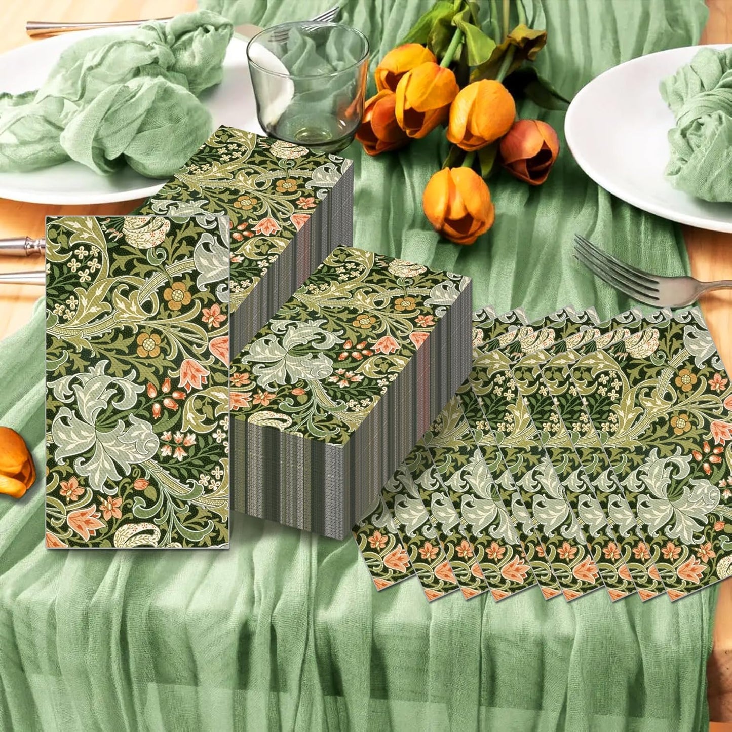 80PCS Vintage Floral Paper Napkins - 4.5x8 Inch Disposable Vintage Floral Guest Napkins, Green Retro Plants Wildflower Lunch Dinner Hand Napkins for Wedding,Tea Garden Party, Party, Bridal Shower