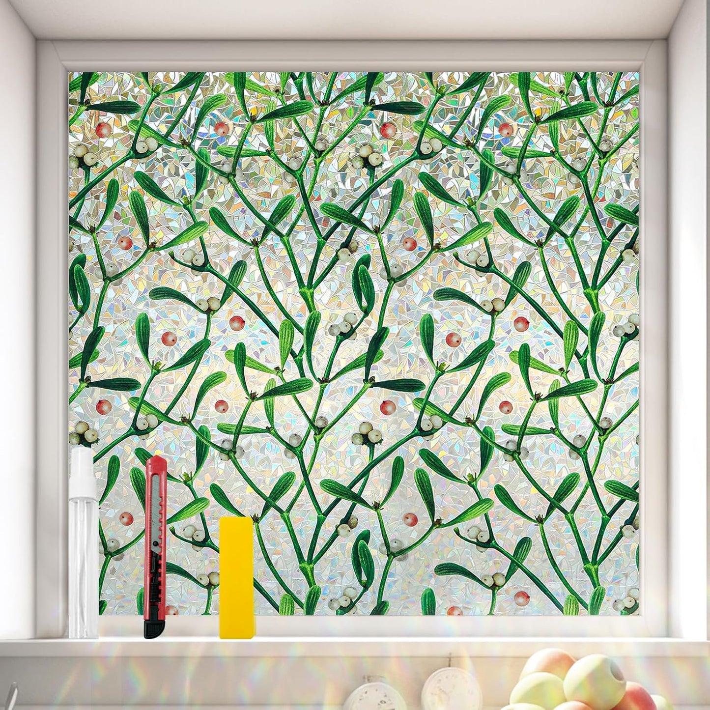 Window Privacy Film Stain Glass Window Film Rainbow Window Film Window clings Non-Adhesive Reusable Decorative for Room (Mistletoe Rainbow, 17.5 x 78.7 in)