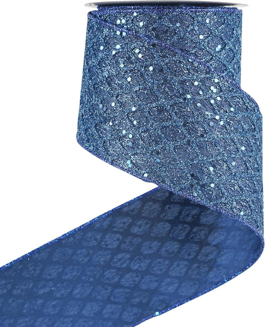 HUIHUANG Navy Blue Wired Christmas Ribbon 4 inch Navy Glitter Wired Ribbon Diamond Mesh Wire Ribbon for X-mas Tree Decorations, Wreaths, Garland, Large Bows Making, Home Decor -10 Yards