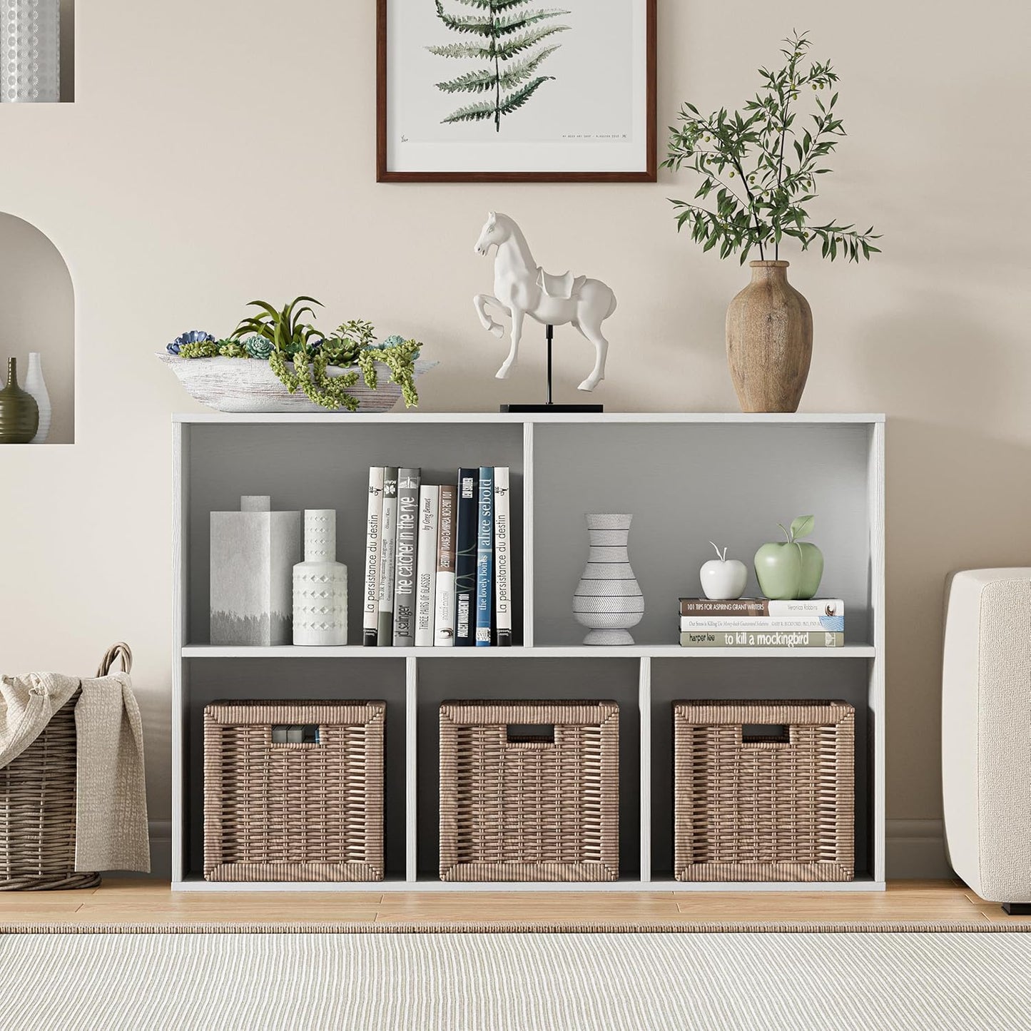 Wooden Cube Storage Organizer with Closed Back Panel, 11in Cube Shelf Opening, Bookshelf, Display Shelf,Closet Cabinet for Home and Office (Embossed White, 5-Cube 35.98L*9.45W*24.09H)