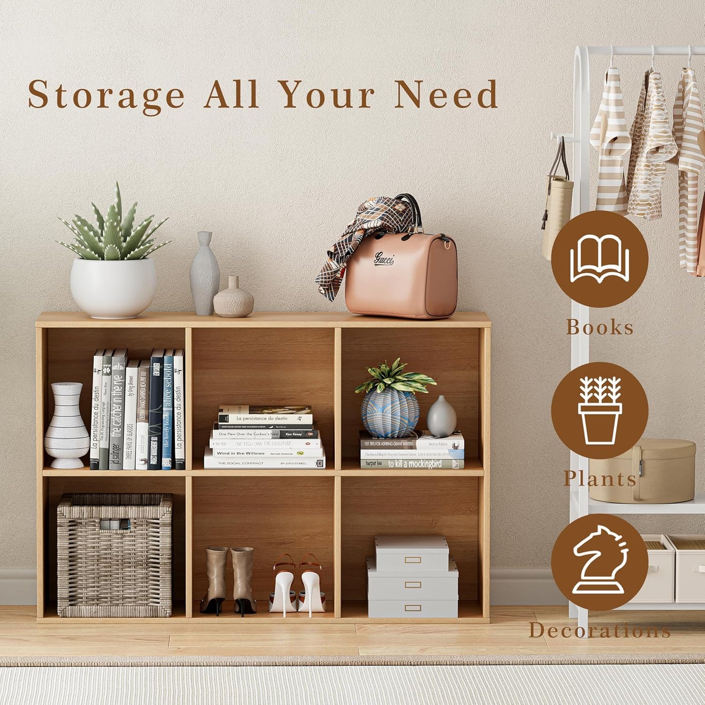 Wooden Cube Storage Organizer with Closed Back Panel, 11in Cube Shelf Opening, Bookshelf, Display Shelf,Closet Cabinet for Home and Office (Natural Oak, 6-Cube 35.98L*9.45W*24.09H)