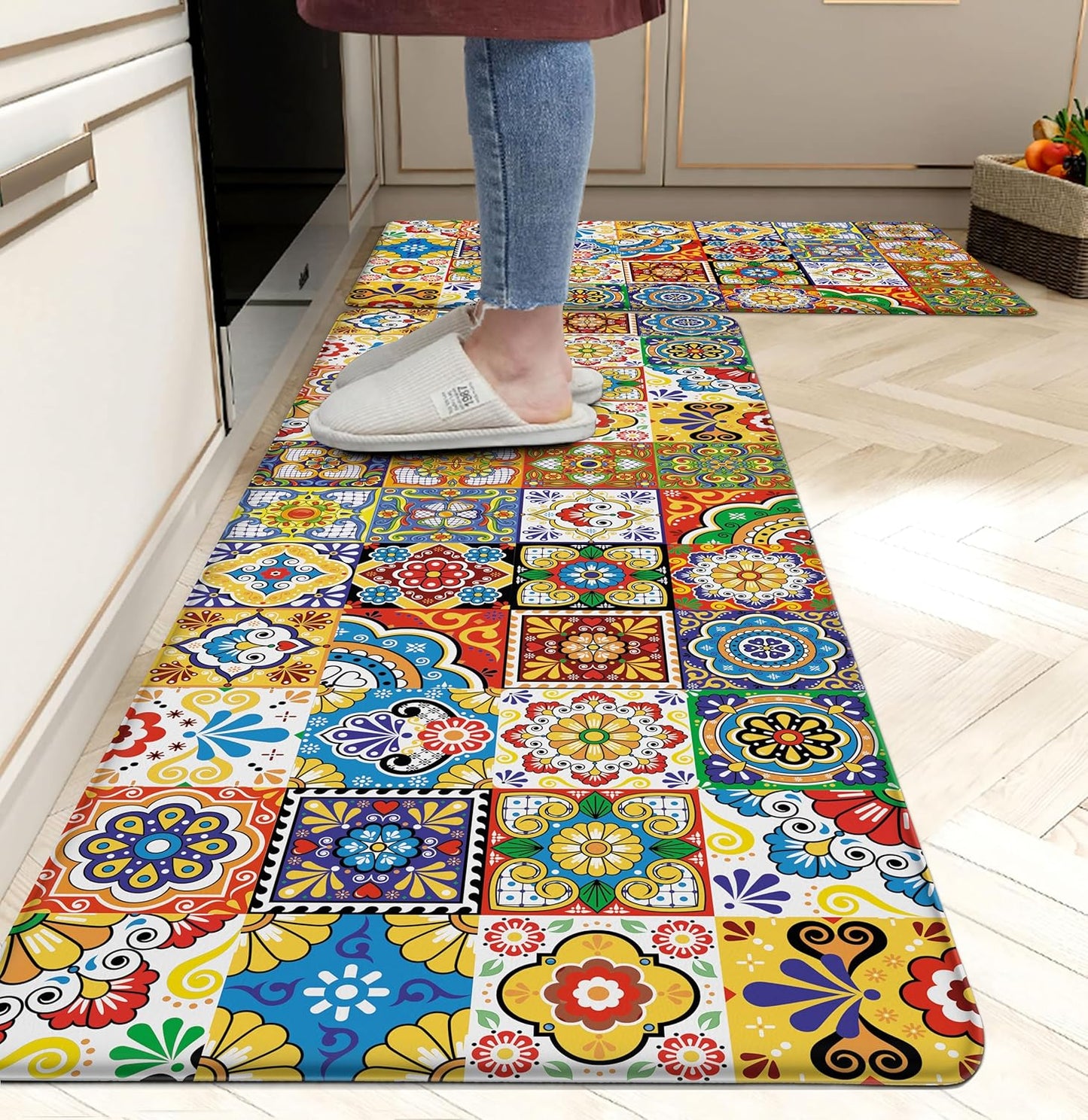 Boho Kitchen Rugs Set 2 Memory Foam Colorful Ceramic Comfort Tile Floor Mat Anti Fatigue Non-Skid PVC Runner Rug Water & Oil Proof Carpet for Kitchen Laundry Sink,17.3x28+17.3x47 Inch, C2