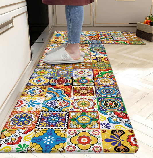 Boho Kitchen Rugs Set 2 Memory Foam Colorful Ceramic Comfort Tile Floor Mat Anti Fatigue Non-Skid PVC Runner Rug Water & Oil Proof Carpet for Kitchen Laundry Sink,17.3x28+17.3x47 Inch, C2
