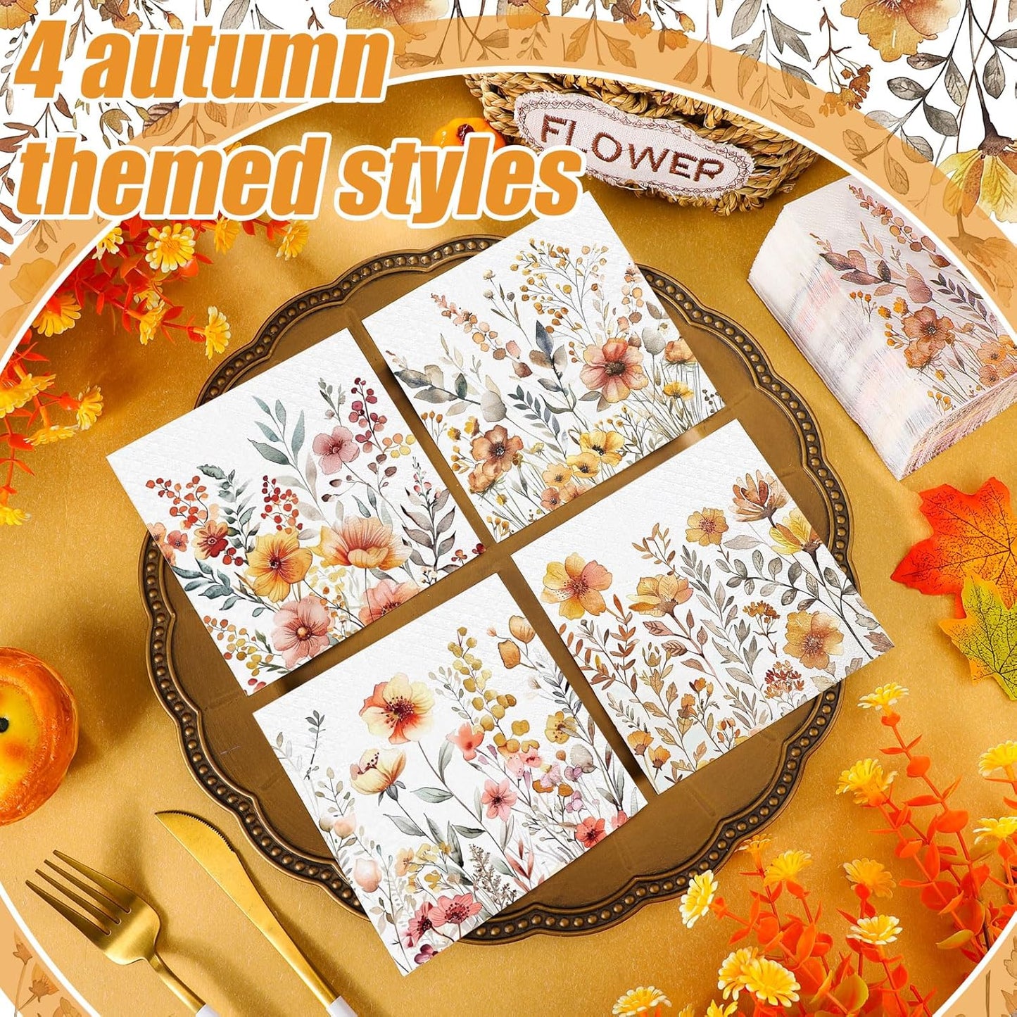 Fulmoon 200 Pieces Fall Floral Cocktail Napkins Disposable Thanksgiving Day Flower Decoupage Paper Napkins Vintage Wildflower Beverage Towel for Autumn Fall Party Favor Supplies