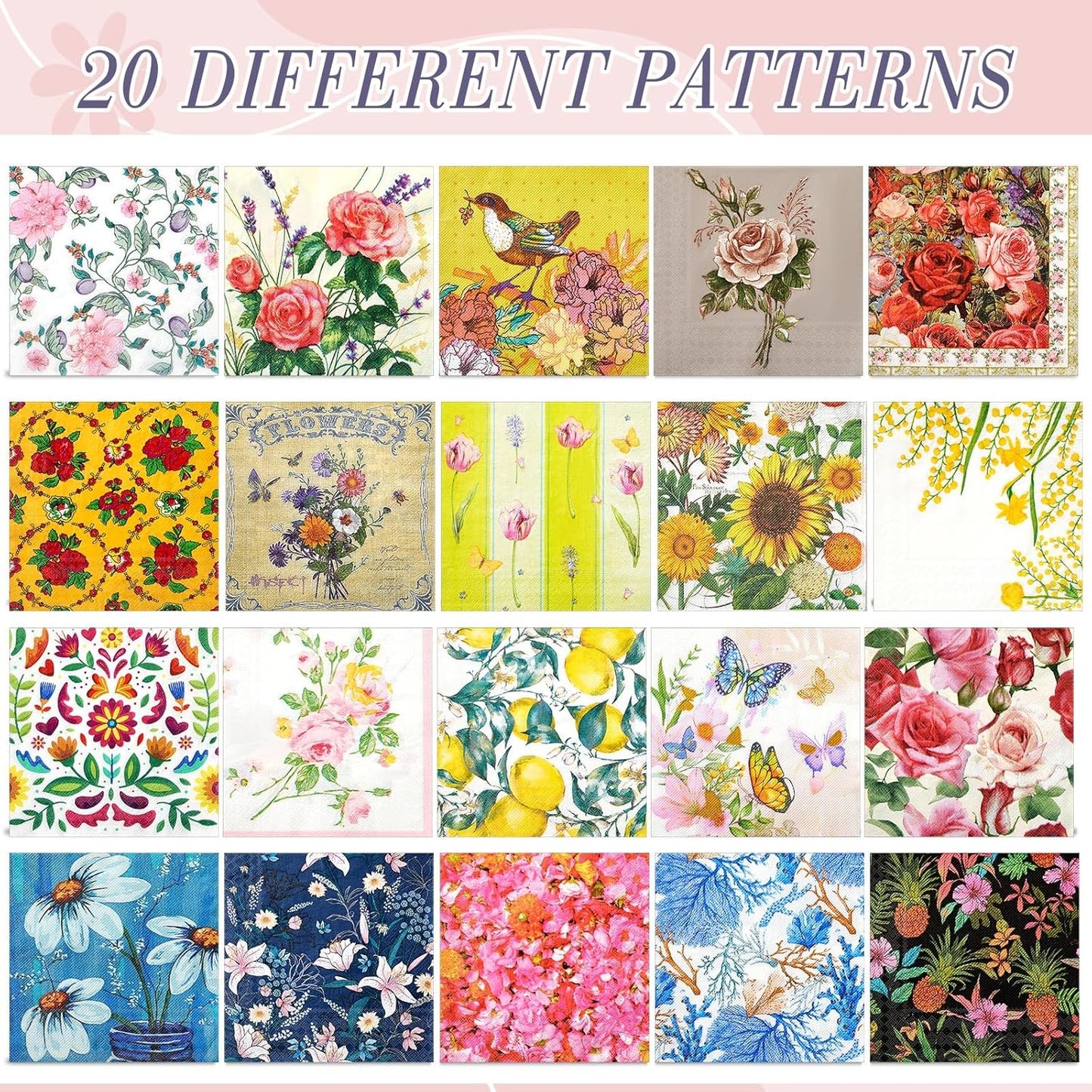 Crtiin 20 Pack Assorted Floral Napkins for Decoupage Toilet Napkins Flower Cocktail Decorative Paper for Birthday Party Beautiful Gorgeous, 20 Styles Each 6.5 inches(Style 9)