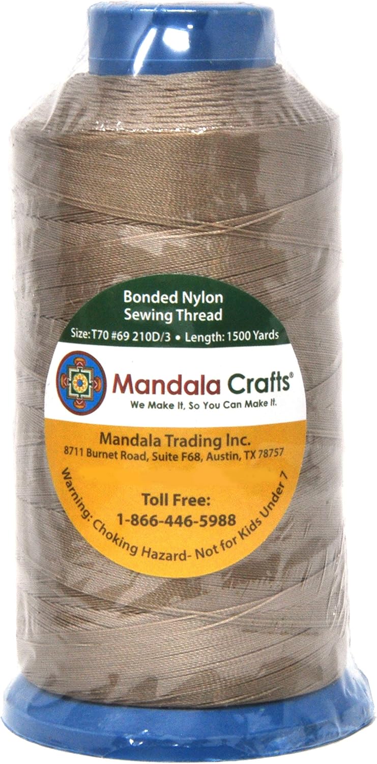 Mandala Crafts Bonded Nylon Thread Khaki Heavy Duty Sewing Threads - 1500 YDs Size 69 210D T70 Tex 70 Thread for Leather Jeans Weaving Outdoor Marine Upholstery Threads