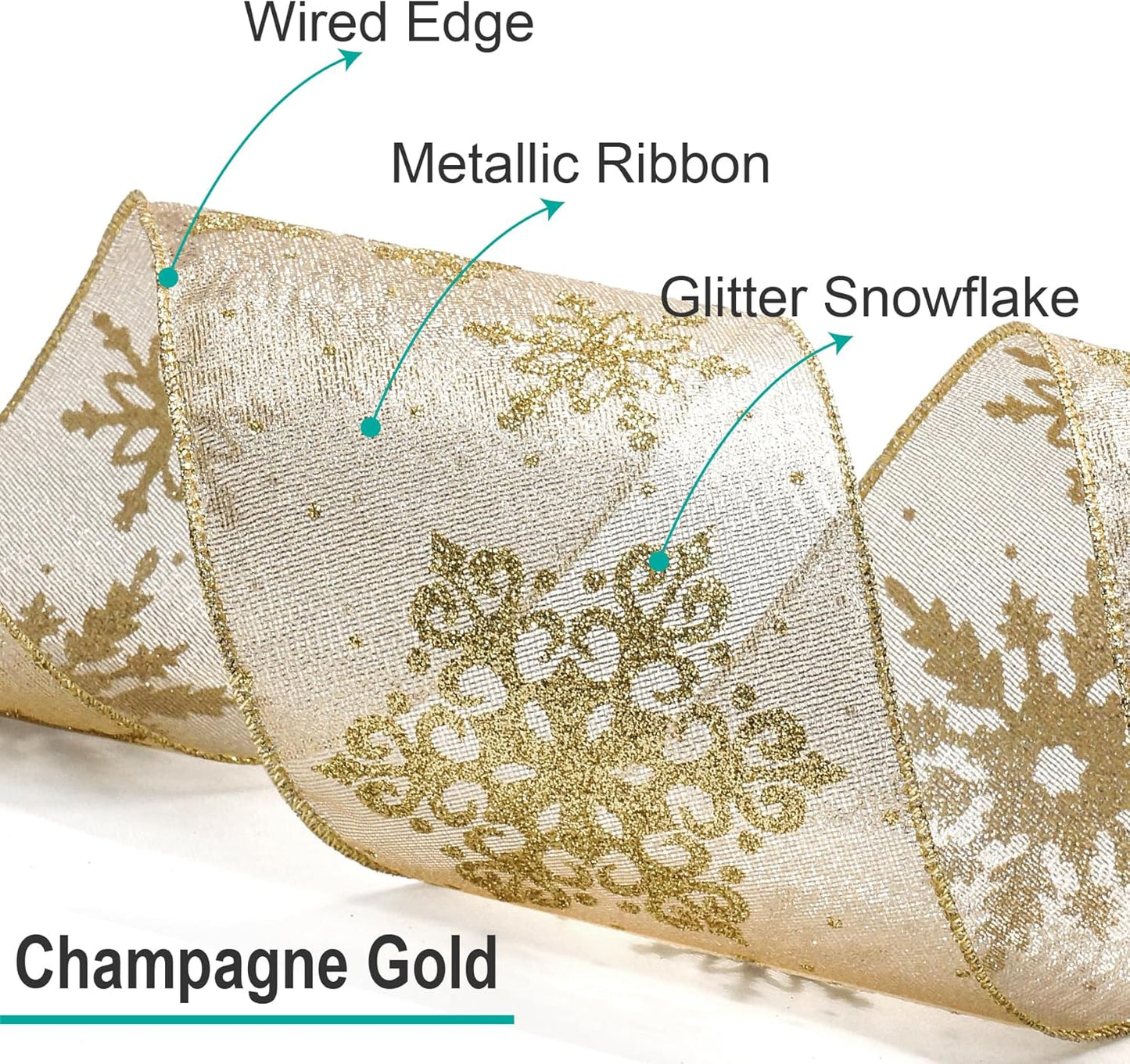 CT CRAFT LLC Champagne Gold Metallic Fabric with Gold Snowflake Wired Ribbon 2.5 Inch x 10 Yards for Christmas Home Decor Tree Topper Bow Gift Wrapping DIY Crafts Wreath Garland
