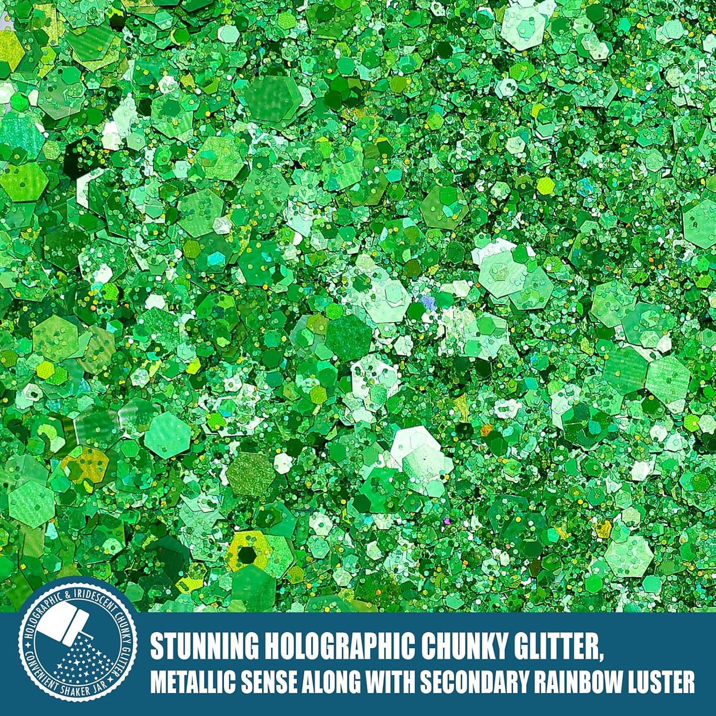 Holographic Chunky Glitter, 5.64oz/160g Craft Glitter Powder Mixed Chunky Flakes, Iridescent Sequins for Nail Art, Hair, Body, Epoxy Resin, Tumblers, Slime, Painting, Festival Decor (Jade Green)
