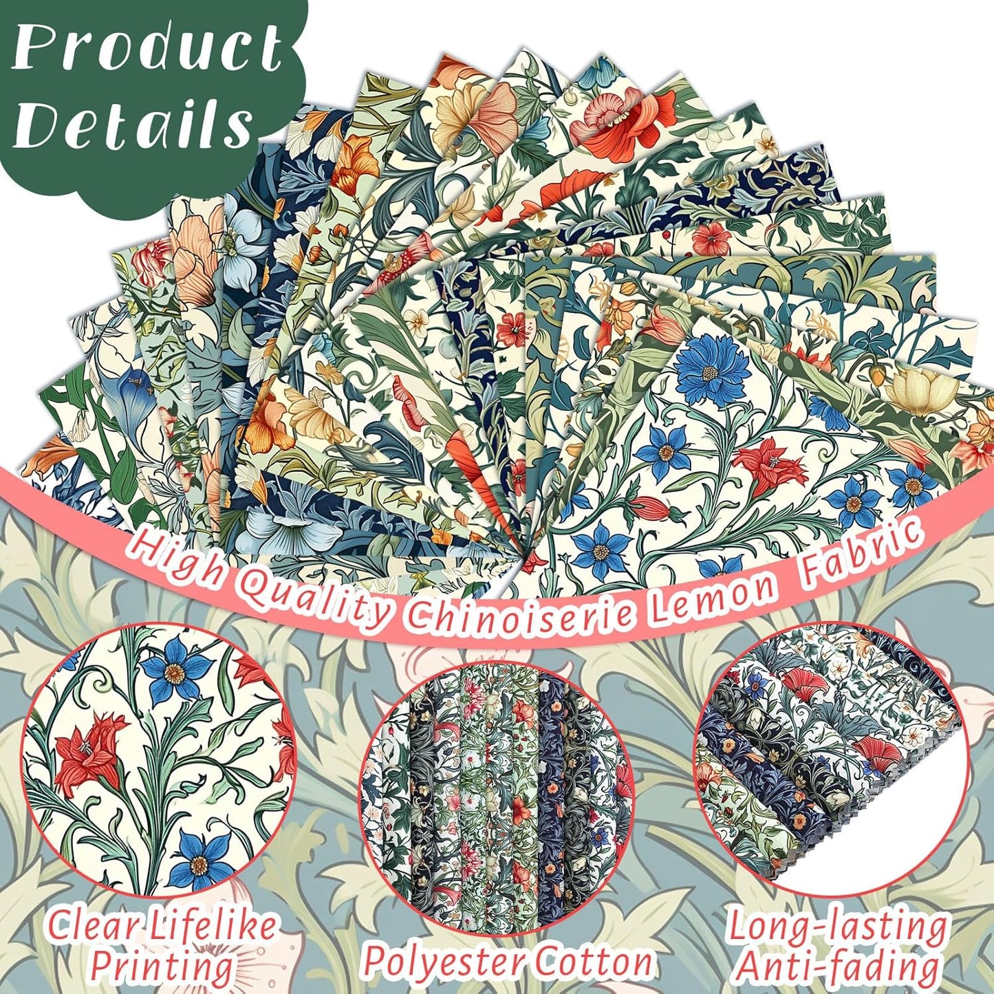 Ganeen 60 Pcs 10 x 10 Inch William Morris Floral Quilting Fabric Squares Vintage Floral Fat Patchwork Precut Strips Retro Multicolor Fabric Bundles for Holiday DIY Craft Sewing Quilt Material Handmade