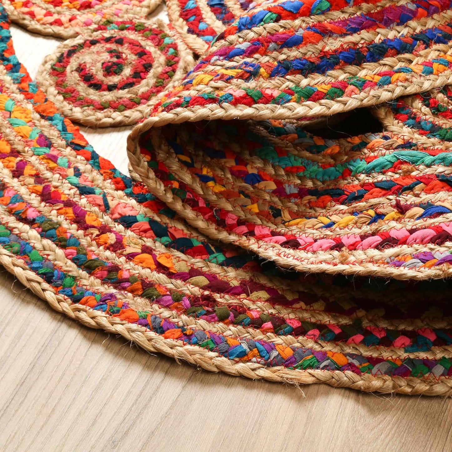 3' Round Handwoven Jute Chindi Area Rug - Colorful Boho Rugs for Living Room - Hand Braided Multicolor Bohemian Rug for Farmhouse, Bedroom, Dining Room, Classroom, Hallway, Kitchen, Office