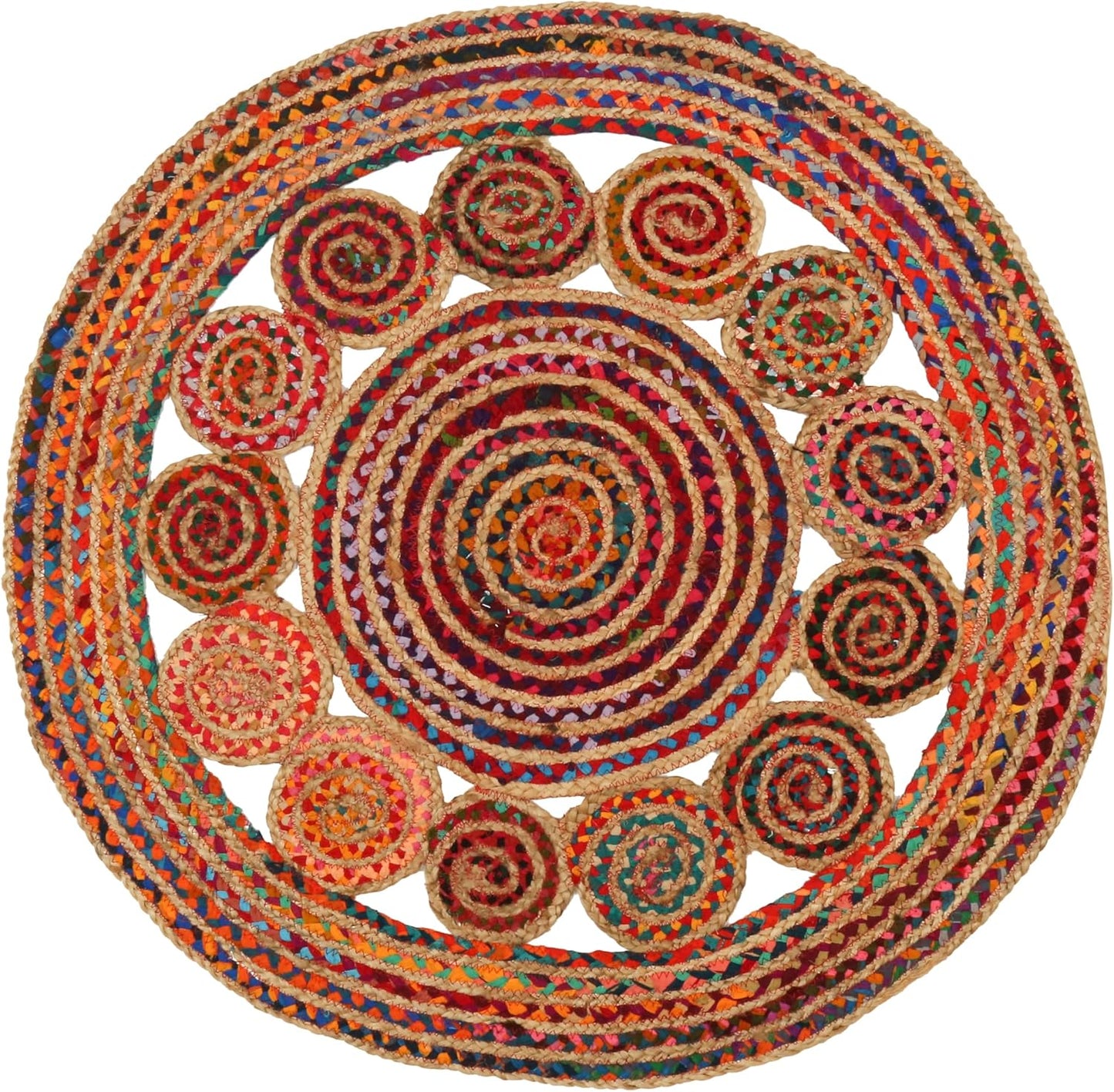 3' Round Handwoven Jute Chindi Area Rug - Colorful Boho Rugs for Living Room - Hand Braided Multicolor Bohemian Rug for Farmhouse, Bedroom, Dining Room, Classroom, Hallway, Kitchen, Office