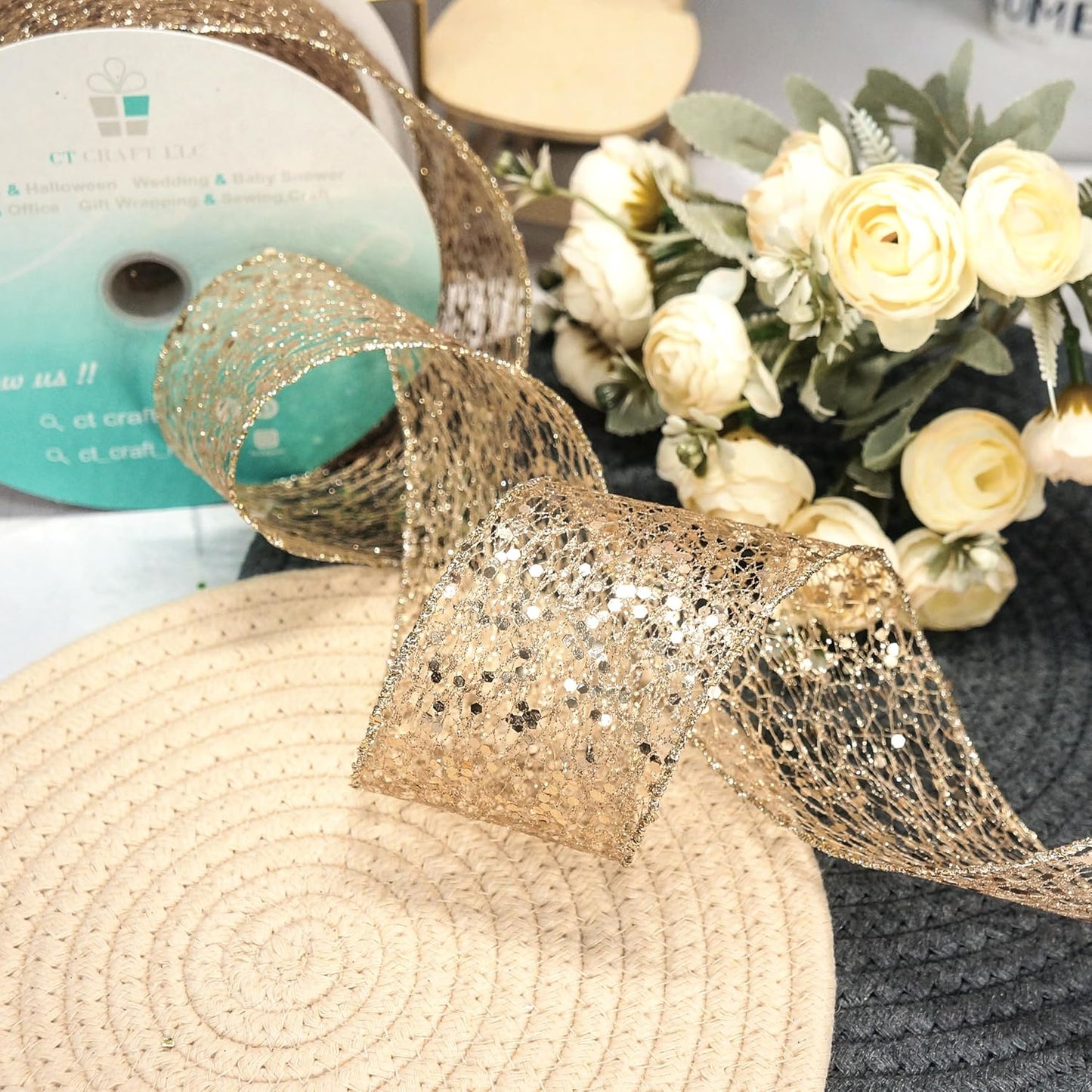 CT CRAFT LLC Sparkling Glitter Mesh Wired Ribbon 2.5" x 20 Yards Champagne Gold for Christmas Home Decor Bow Gift Wrapping DIY Crafts Wreath